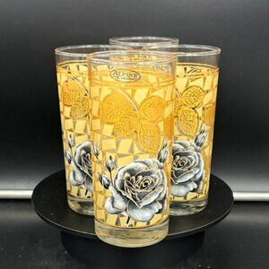 Vintage 1970's Alpine Quisine Gold Rose Tall Drinking Glasses Set of 4
